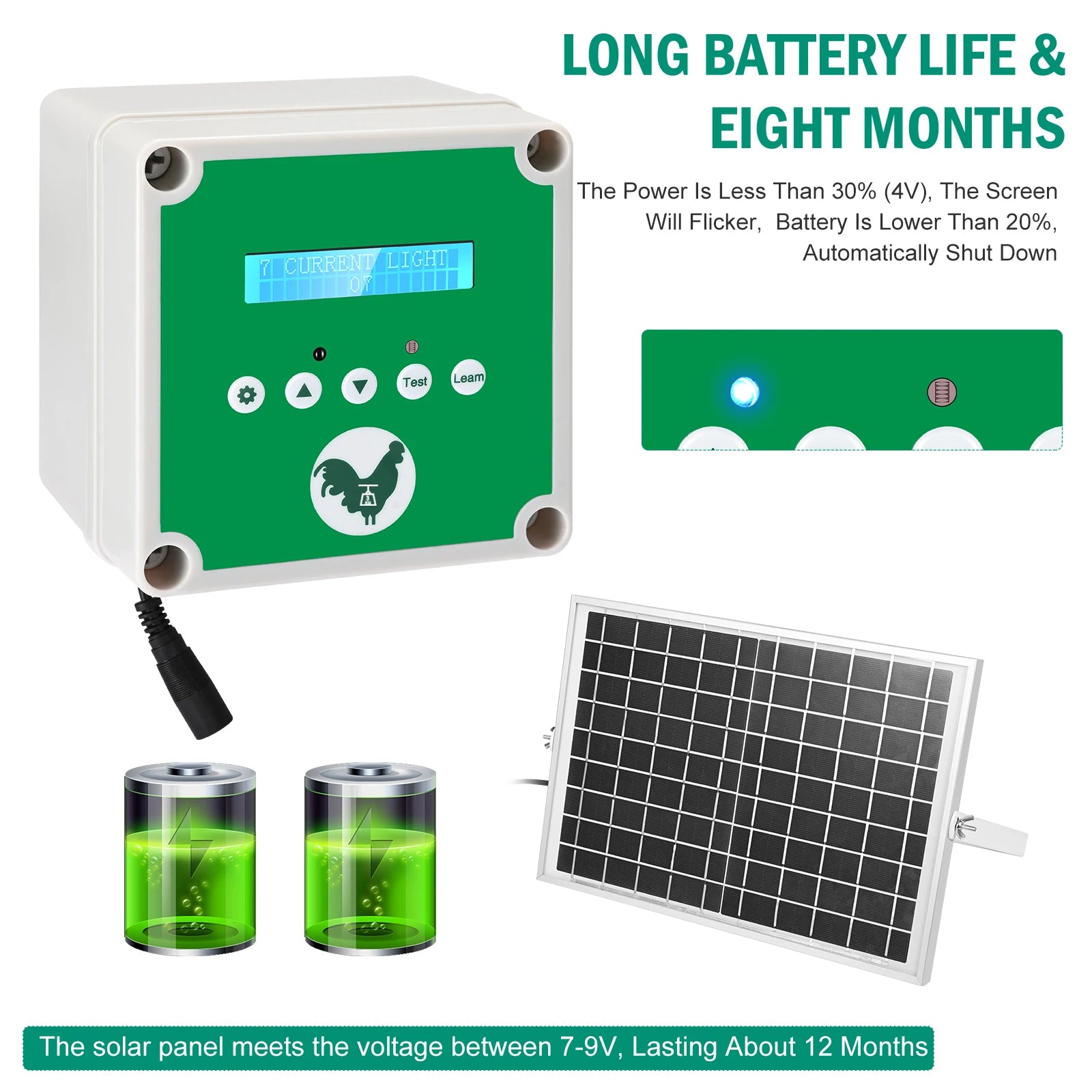 Automatisk hönskoopdörröppnare, LCD-skärm timer, solbatteri kraft