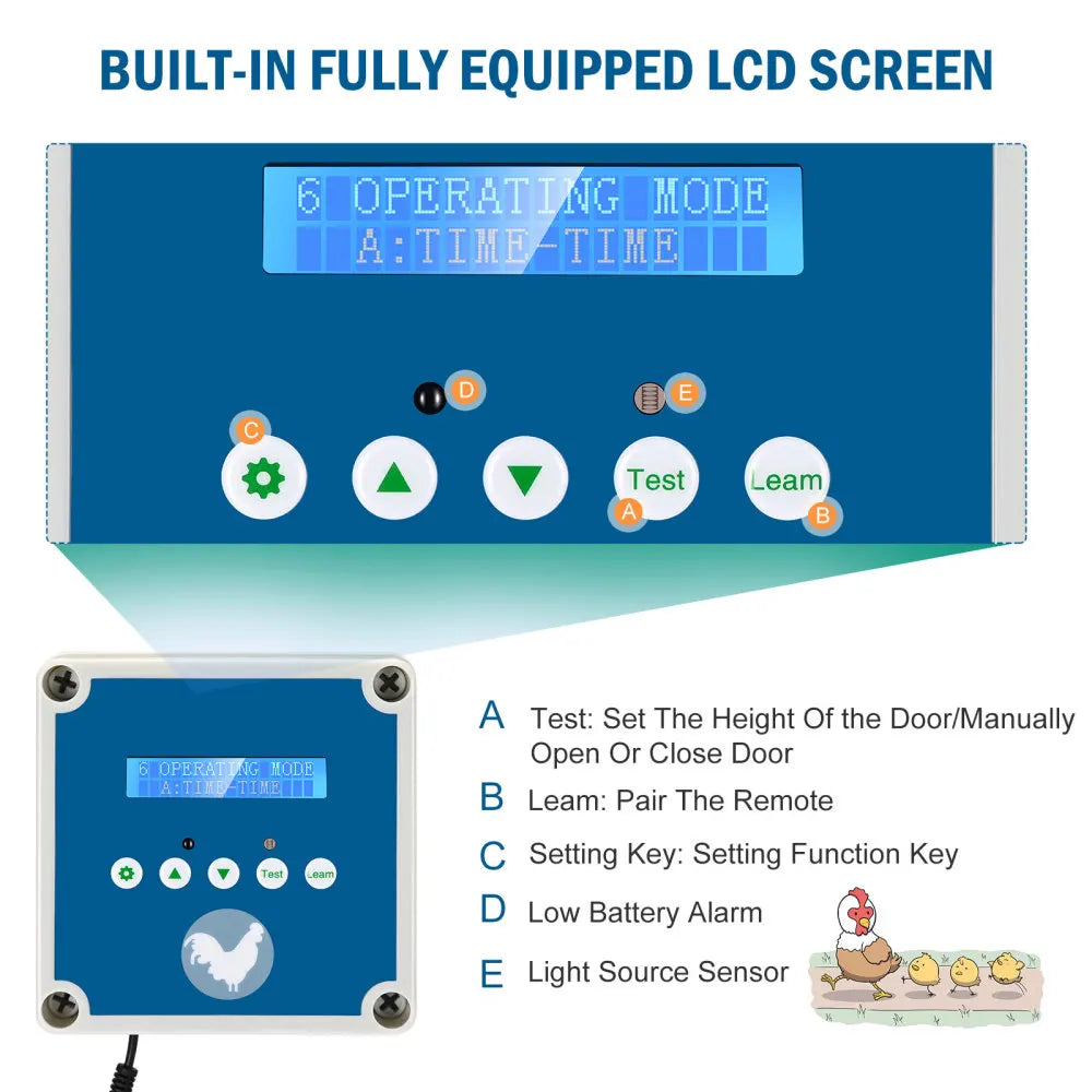 Ușa pentru cotetul de pui, cronometru și senzor de lumină, ecran LCD