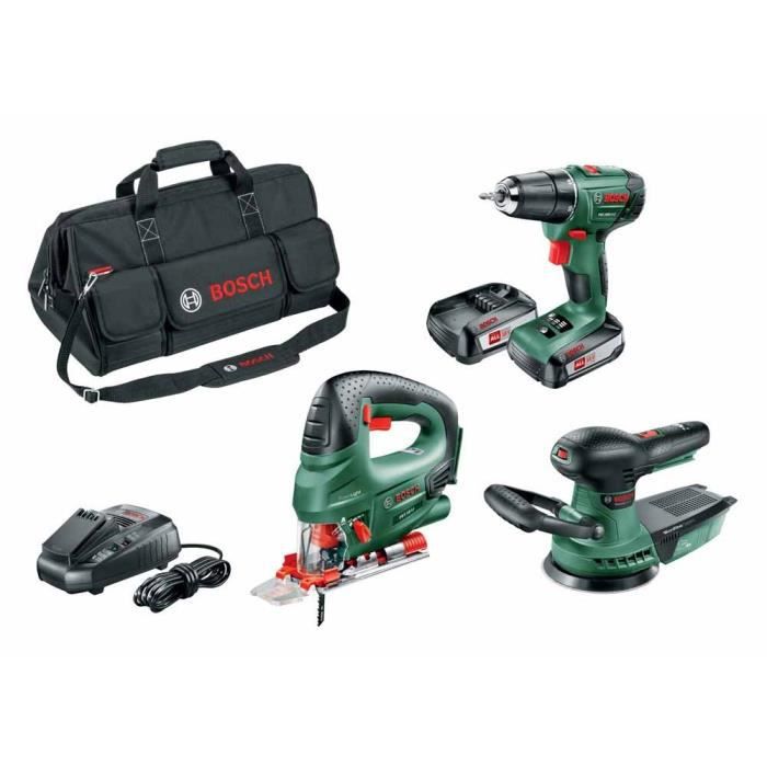 Pack 3 tools 18V cordless BOSCH drill-driver PSR 1800 LI-2 2 batteries 2,5Ah + Jigsaw PST + Eccentric Sander