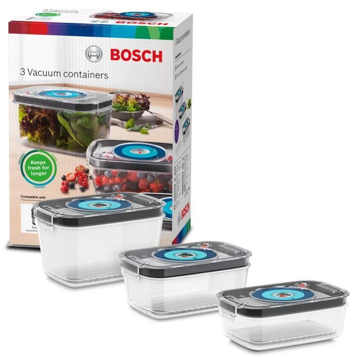 BOSCH - 3 airtight vacuum storage boxes: 0.7L, 1.0L and 1.5L - Drip tray - Day and month indicator - Tritan