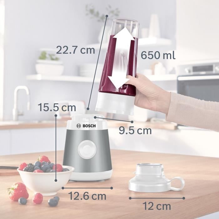 Mini Blender BOSCH VitaPower Serie 2 MMB2111T - 0.8 L mixing bowl - 4 sharp stainless steel blades - High mixing speed - Silver