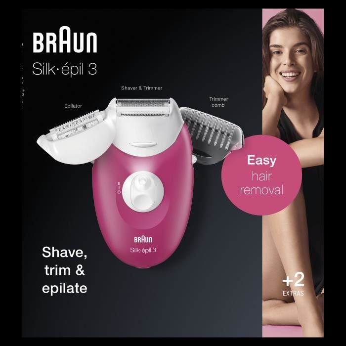 BRAUN EPILATOR SE 3410-20 tweezers-System soft lift tips-Continuous feeding-Shaving head-Accessory trimmer