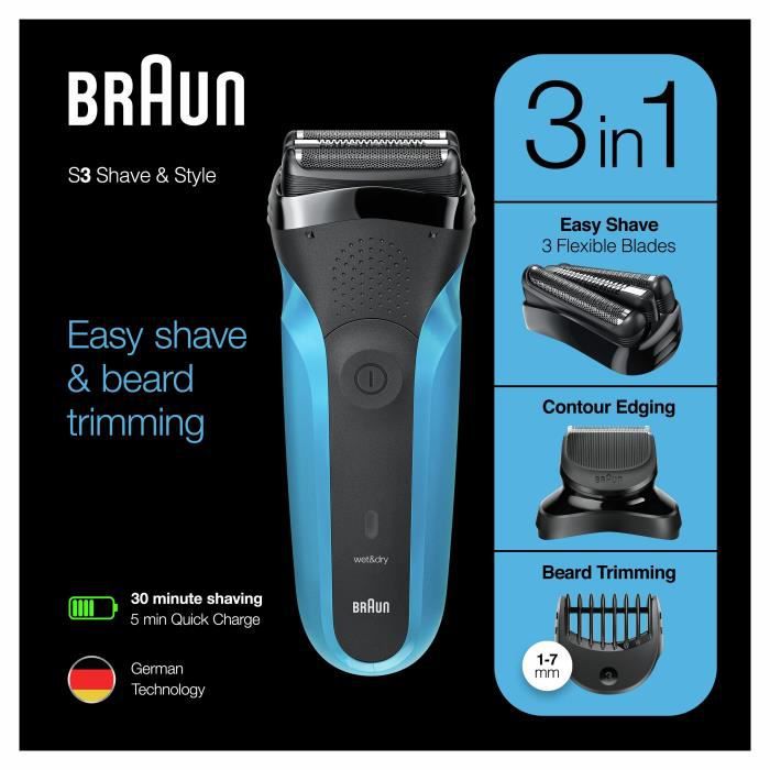 Braun Series 3 310BT Men's Electric Shaver - 3 flexible blades that adapt to the contours of your face