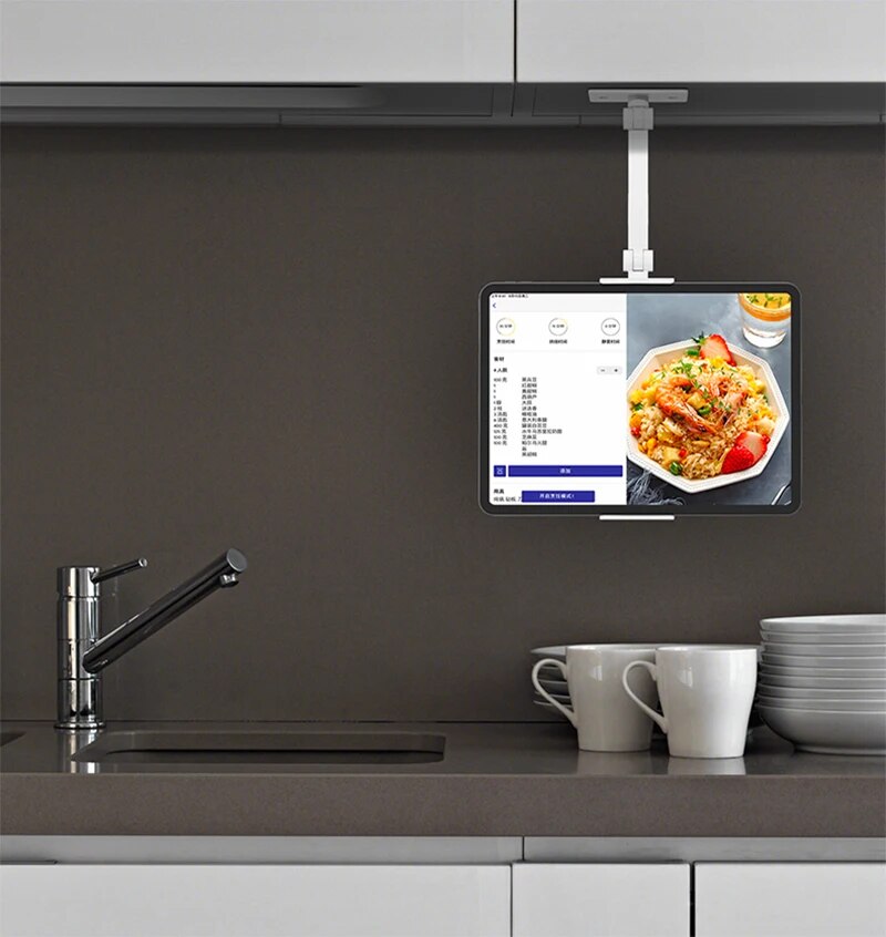 Keuken Tablet Wandhouder, Opvouwbaar & Verstelbaar, Compatibel met 5-13 inch Tablets & Mobiele Telefoons