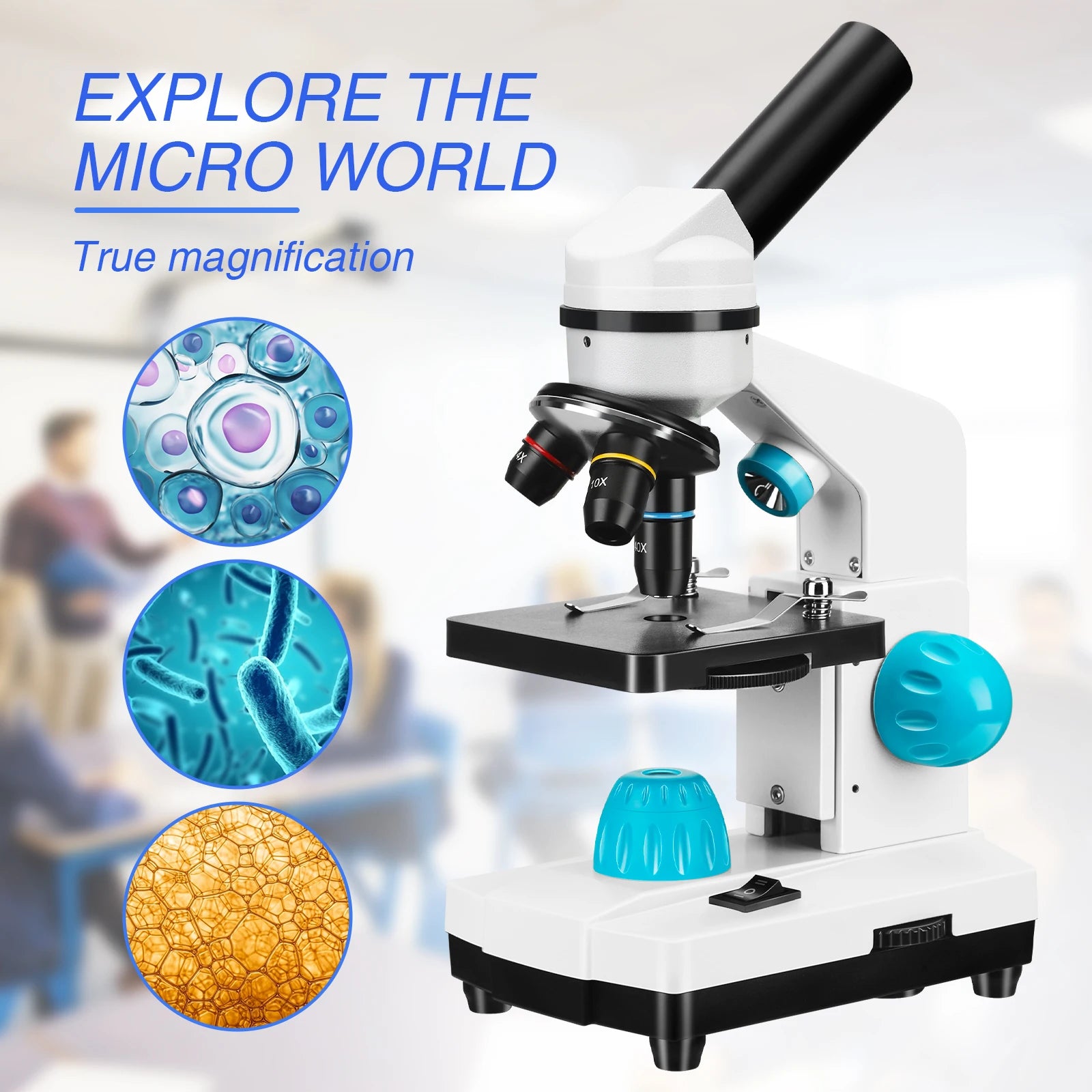 Biologiske mikroskoper, 100X-2000X forstørrelse, telefonadapter