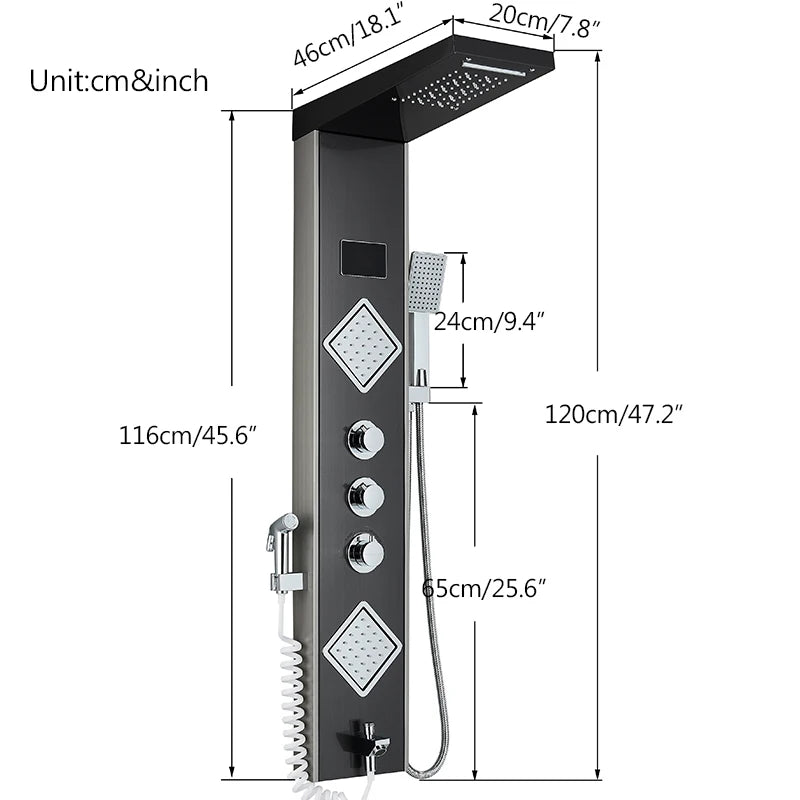 Brusepanel-kolonne, konstant temperaturvisning, LED-lys