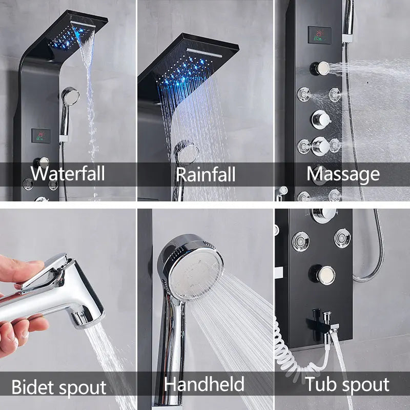 Shower Panel, LED Display, Rainfall & Waterfall Head