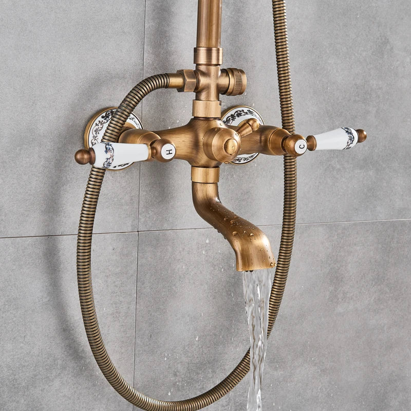 Shower Faucets Set, Antique Brass, Dual Knobs