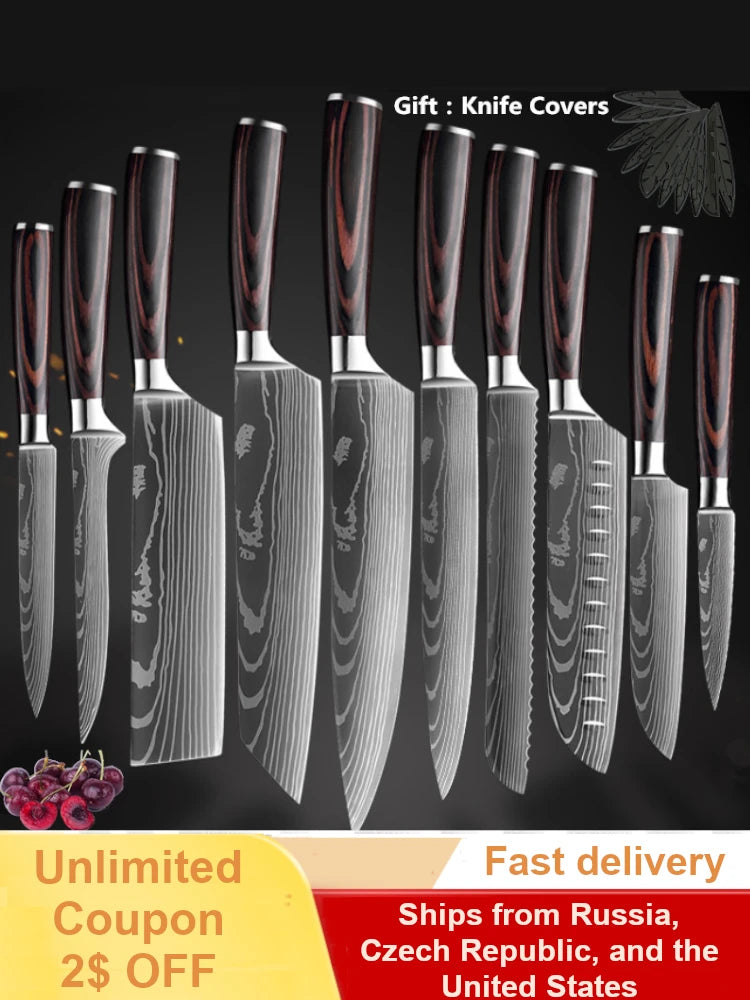 Küchenmesser-Set, Laser-Damastmuster, japanisches Santoku-Messer