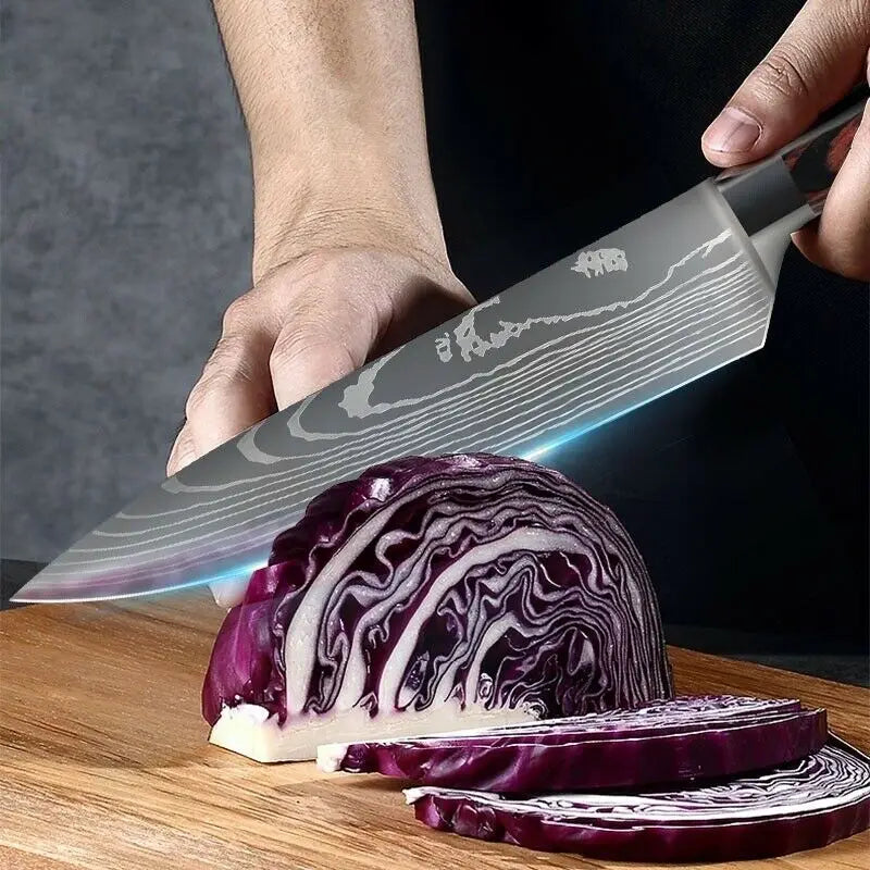 Keittiöveitsisarja, Laser Damaskus-kuviointi, Japanilainen Santoku-veitsi