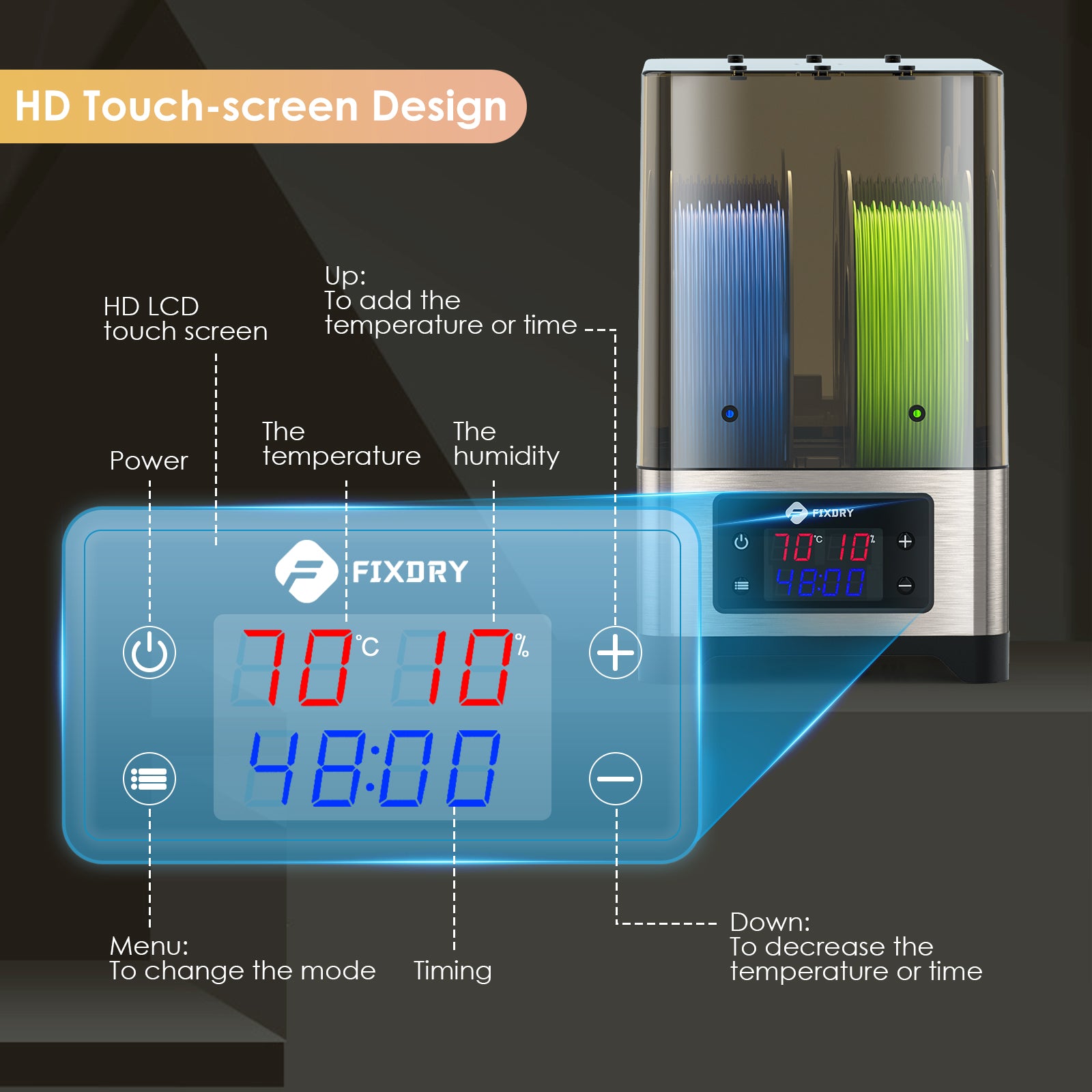 3D-Drucker Filament-Trockenbox, PTC-Heizung, Echtzeit-Feuchtigkeitsüberwachung