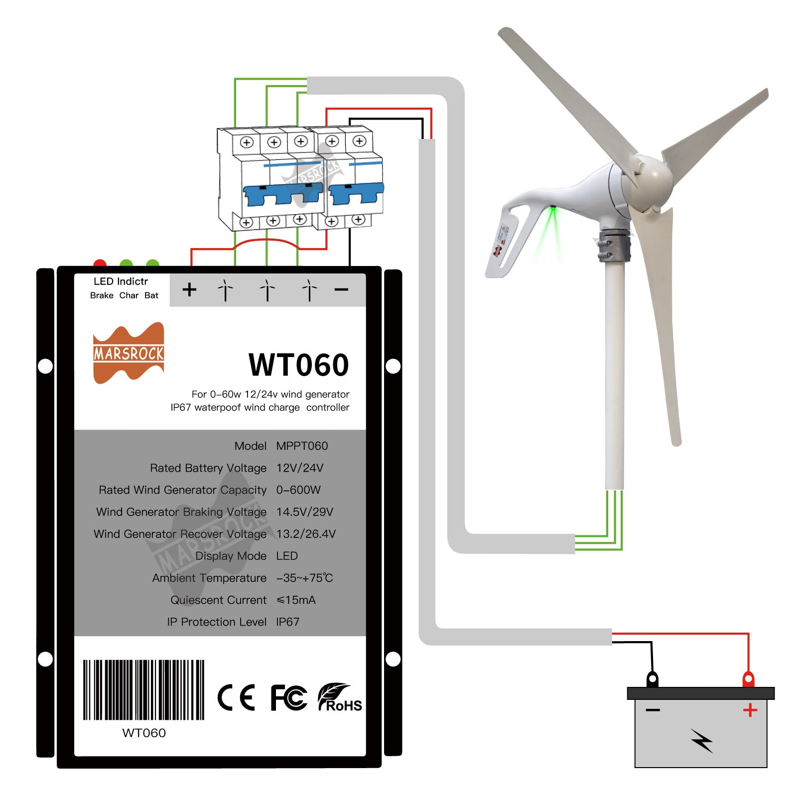 Windturbinegenerator, 400W vermogensopbrengst, geschikt voor thuisgebruik.