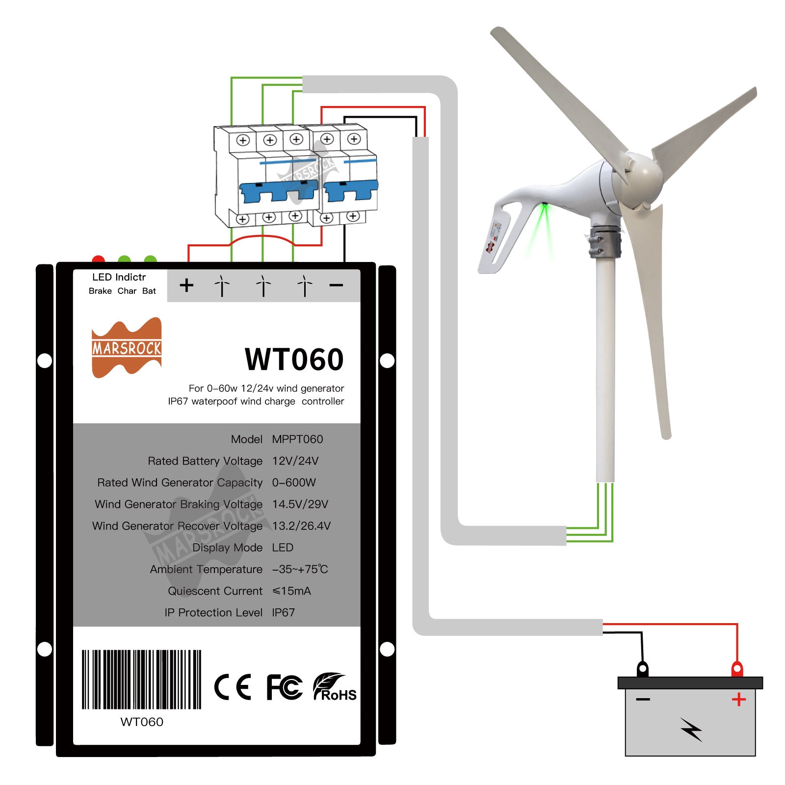 Vindturbin generator, 400W effektutgång, lämplig för hemmabruk.