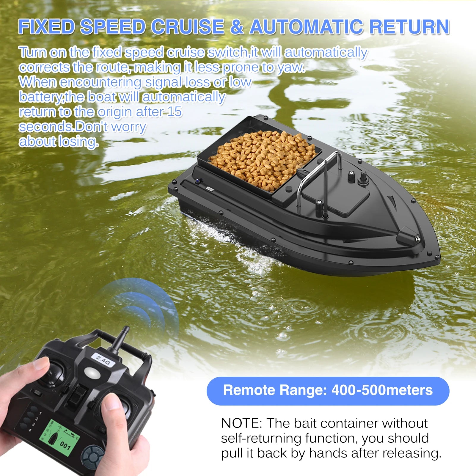 GPS Fishing Bait Boat, Large Bait Container, 400-500M Remote Range