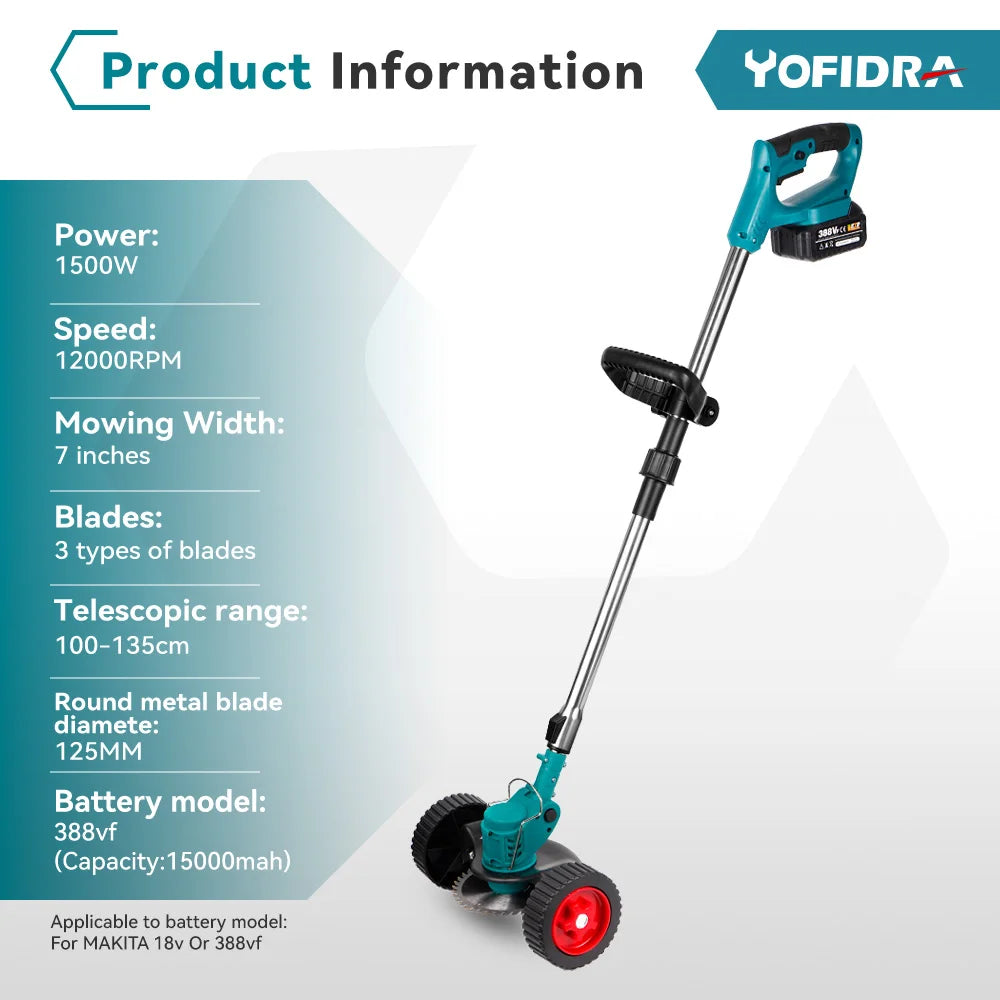 Elektrisk gräsklippare, hopfällbar design, kompatibel med Makita 18V batteri.