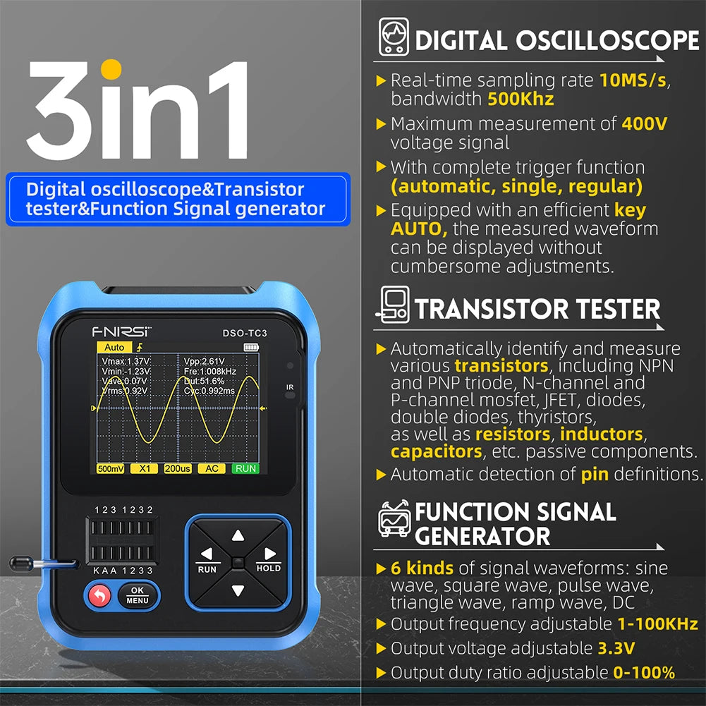 Handheld Oscilloscoop, Transistortester, Signaalgenerator