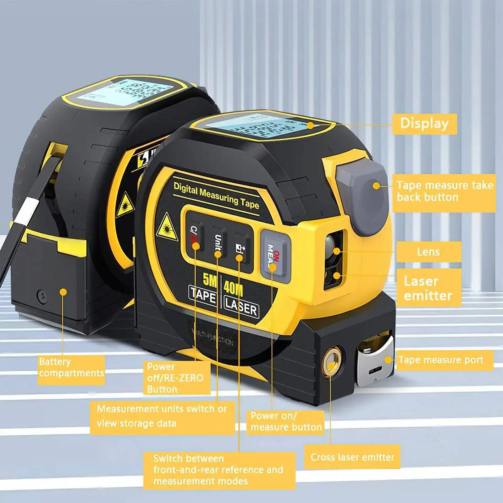 Laser-etäisyysmittari, digitaalinen mittaus, ruostumattomasta teräksestä valmistettu rakenne