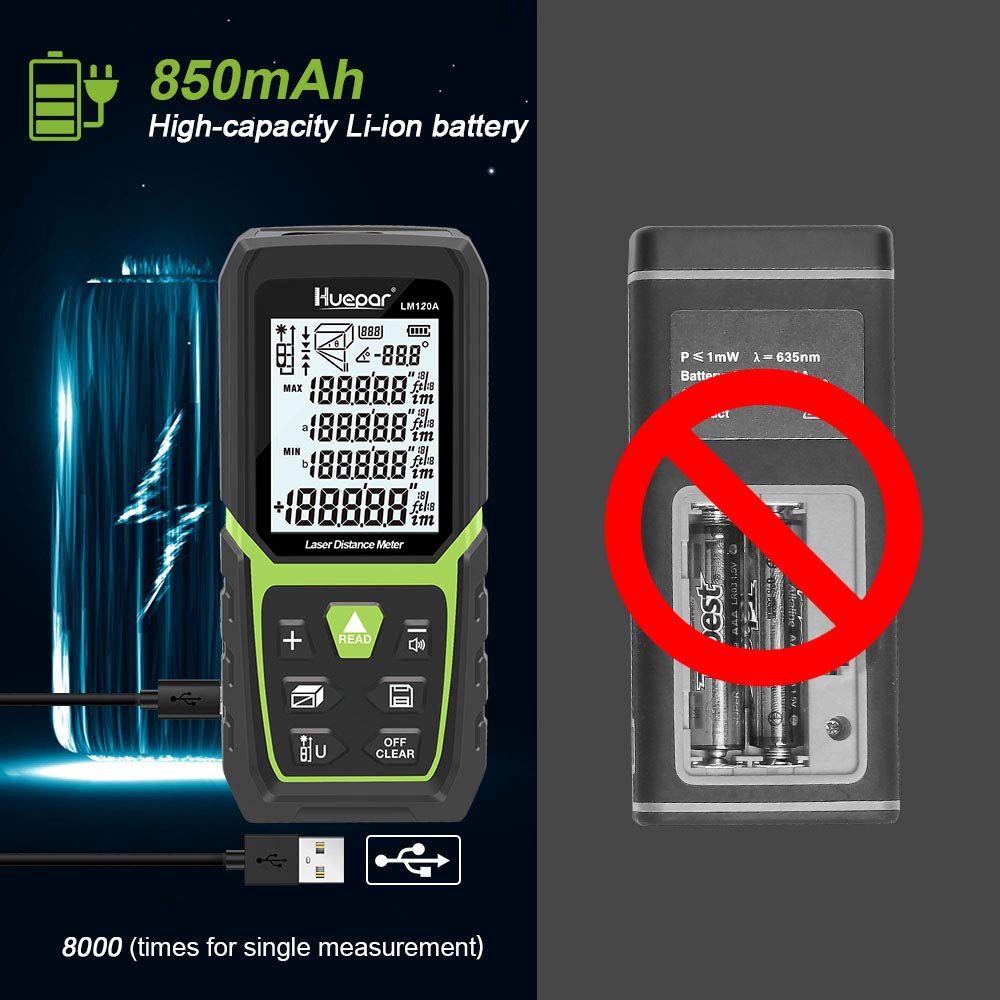 Laser afstandsmåler, Baggrundsbelyst LCD, Li-ion batteri