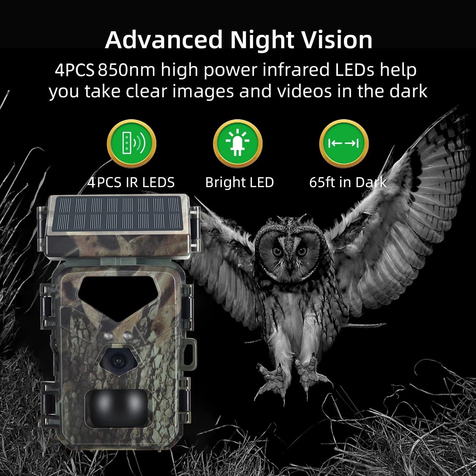 Camera de vânătoare, vedere nocturnă cu infraroșu, încărcare solară