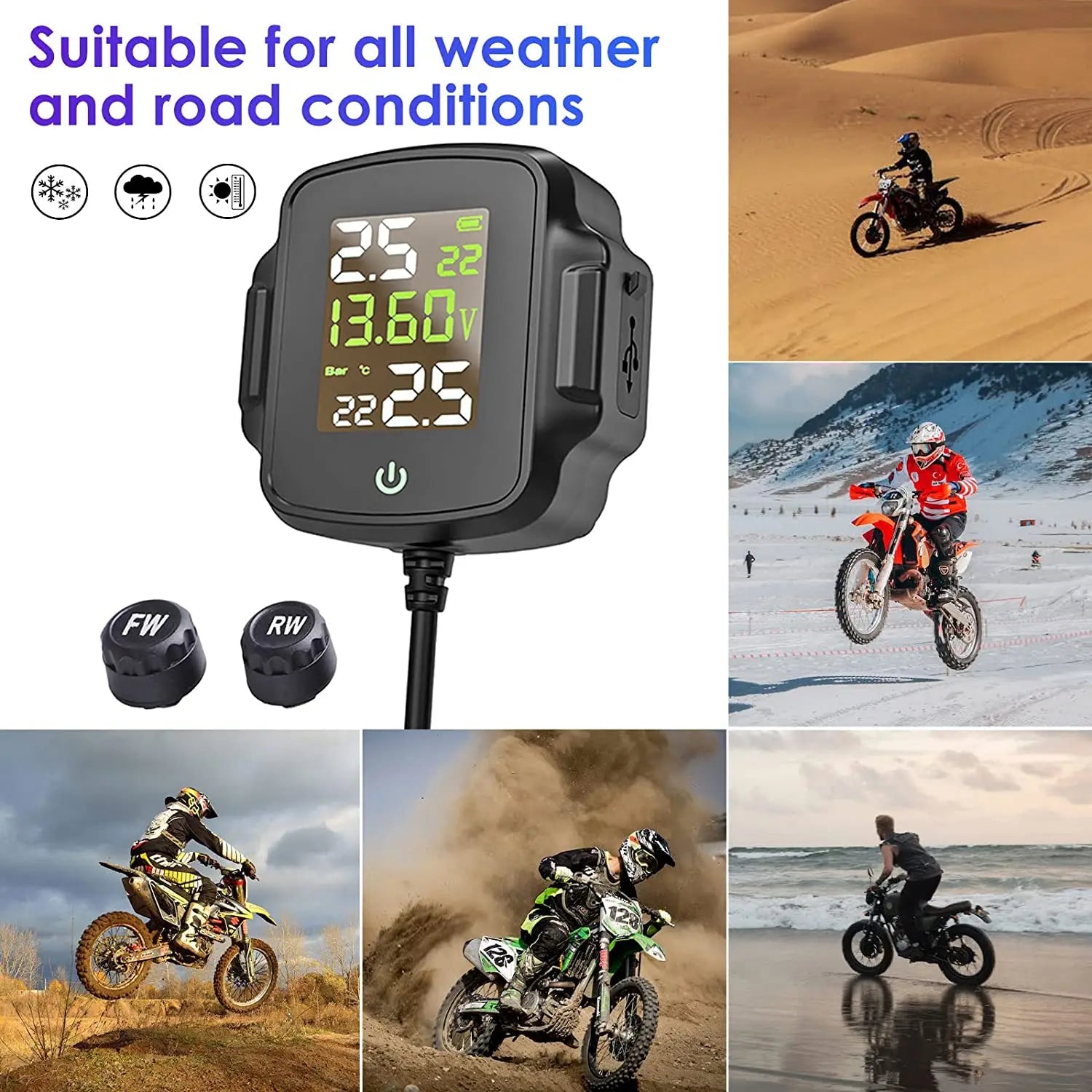 Motorcycle TPMS, QC 30 Fast Charging, Tire Pressure Monitoring System