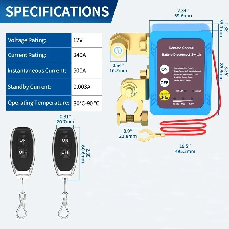 Remote Battery Disconnect Switch, 12V 240A, Automatic Power Shut Off