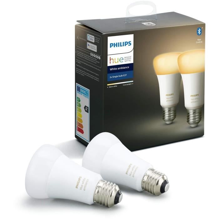 Philips Hue White Ambiance, LED Connected LED E27 equivalent 75W, 1100 Lumen, Bluetooth compatible, 2 pack