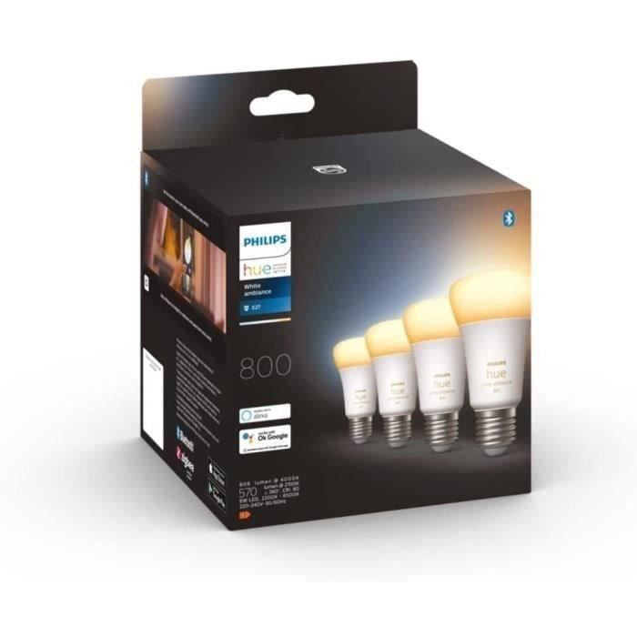 Philips Hue White Ambiance, E27 connected LED bulb, 60W equivalent, 800 Lumen, 4 pack, Bluetooth compatible