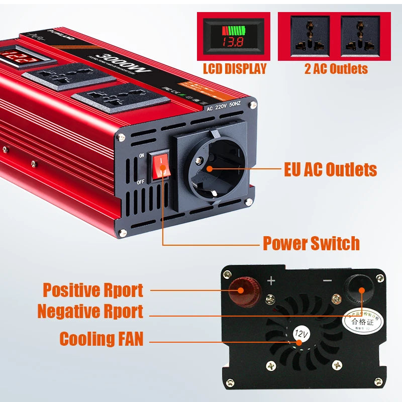 Invertor de undă sinusoidală pură, ieșire de putere de 3000W, portabil și compatibil cu energie solară.