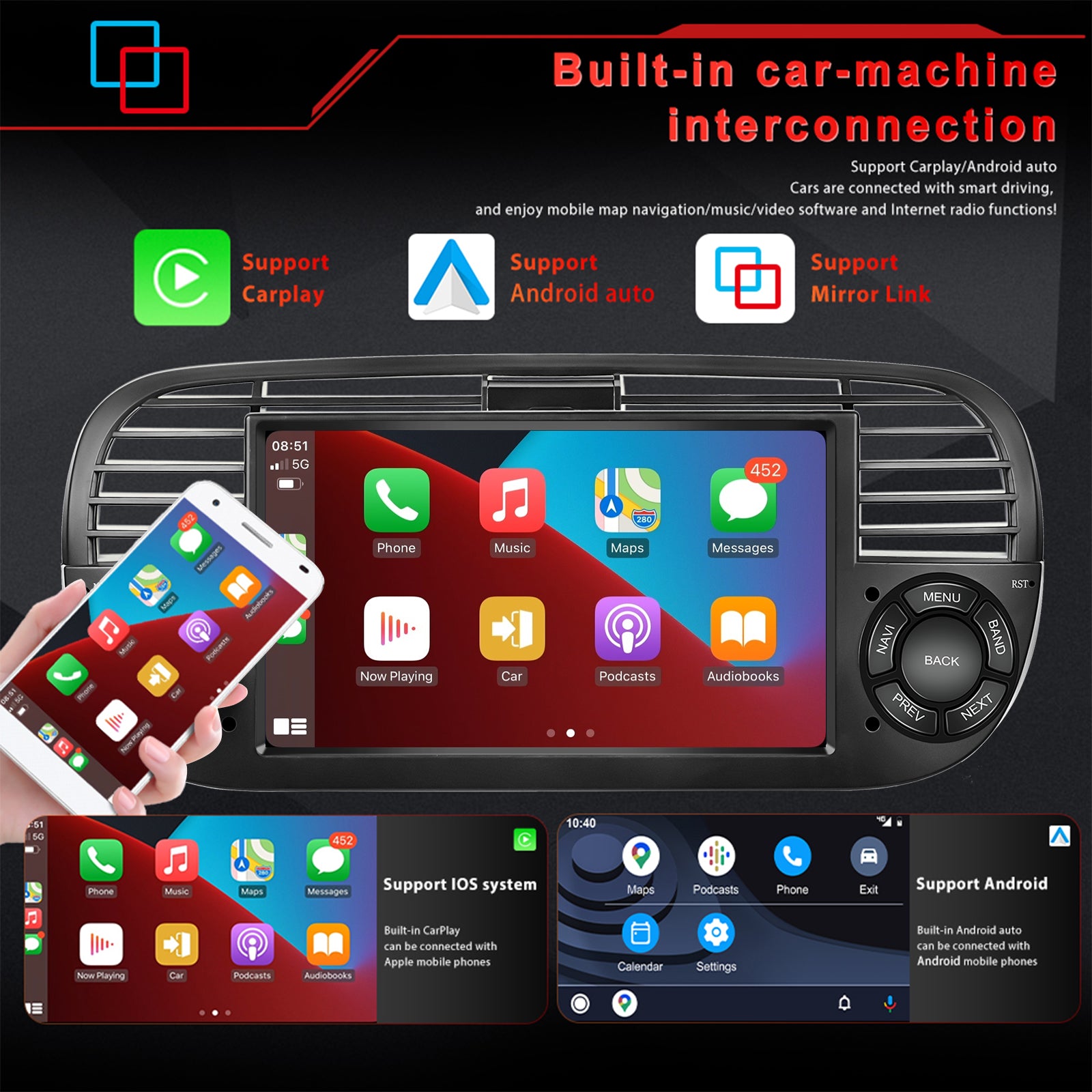 7'' Android Car Radio For Fiat 500 2007-2015 - 2Din 8+128G, Carplay,