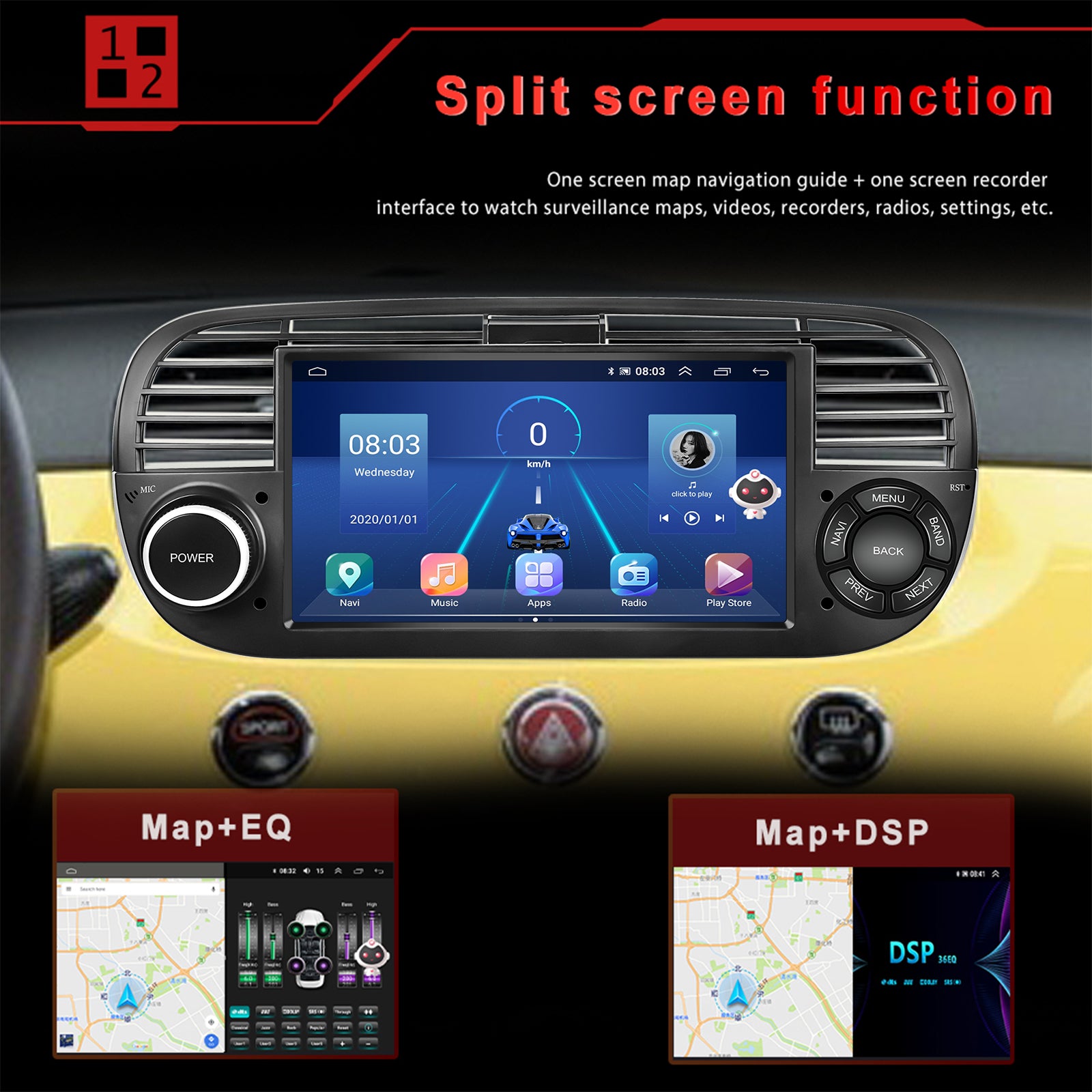 7'' Android Autoradio für Fiat 500 2007–2015 – 2Din 8+128G, Carplay, Auto WIFI GPS DSP