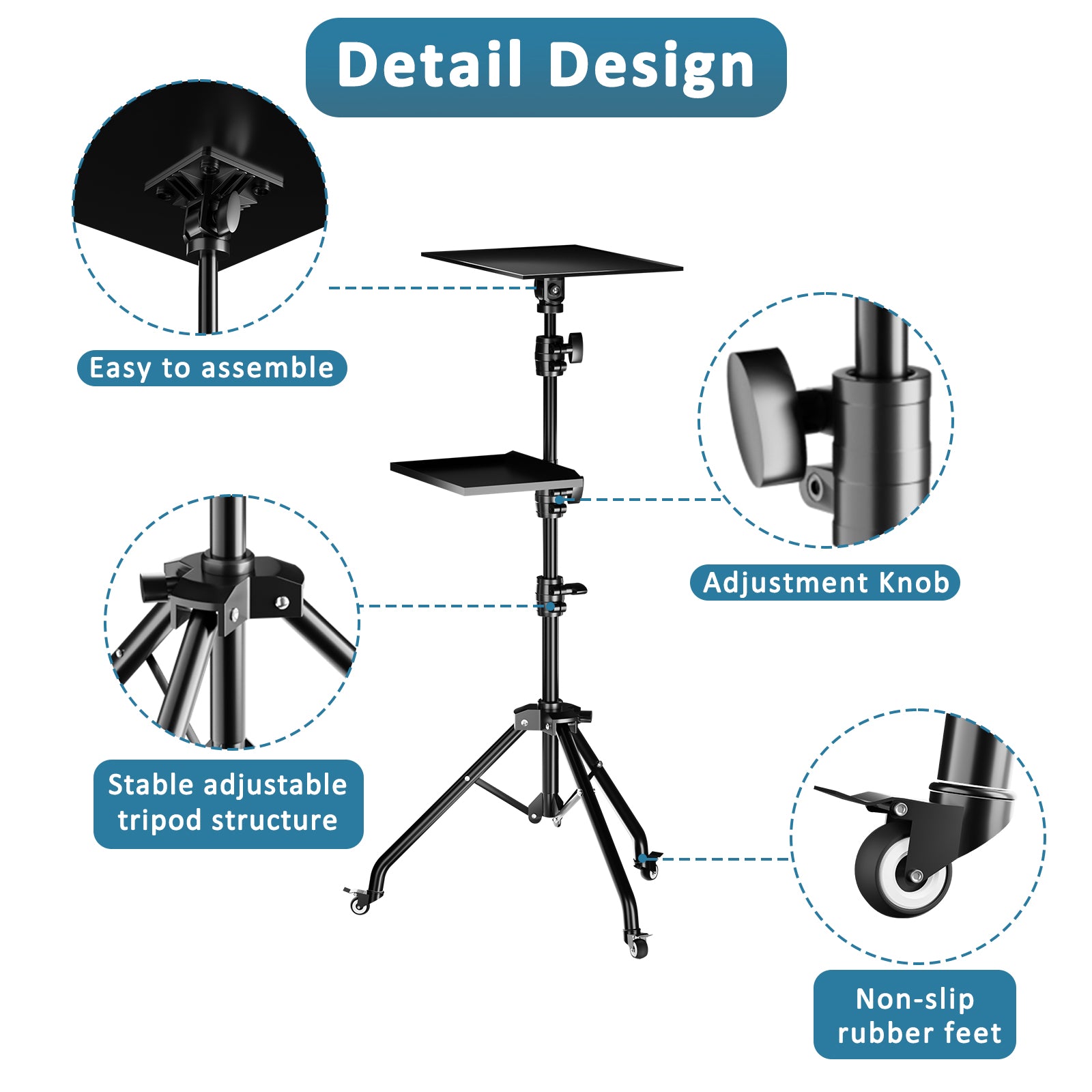 Projektør Tripod Stand, Laptop Tripod på hjul, Justerbar Højde