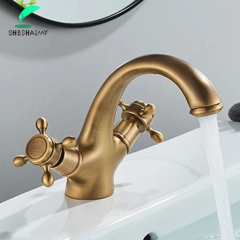 Bathroom Basin Faucet, Antique Brass, Dual Handles