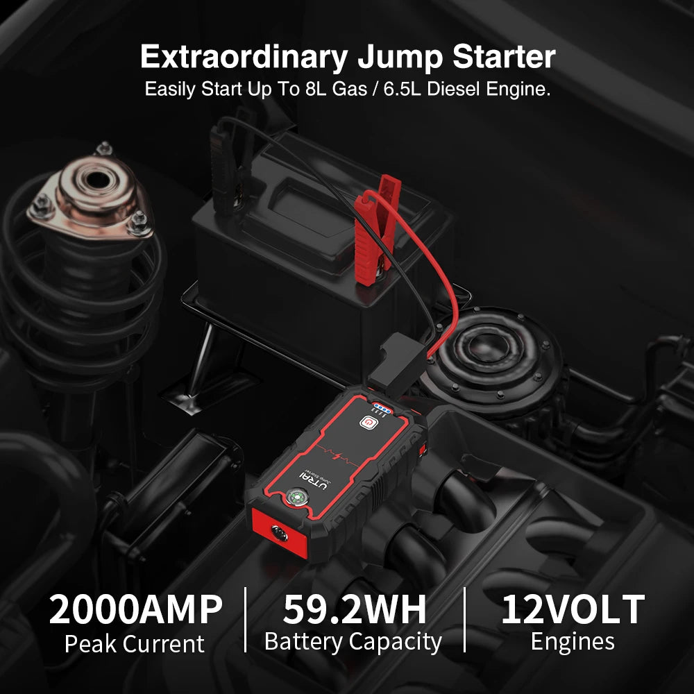 Jump Starter Power Bank, 2000A, Bærbar Oplader