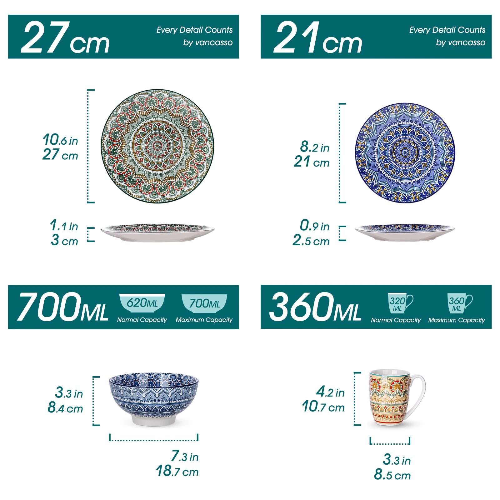 Porseleinen Servies Set, Boheems Mandala Patroon, Turkooise Kleur