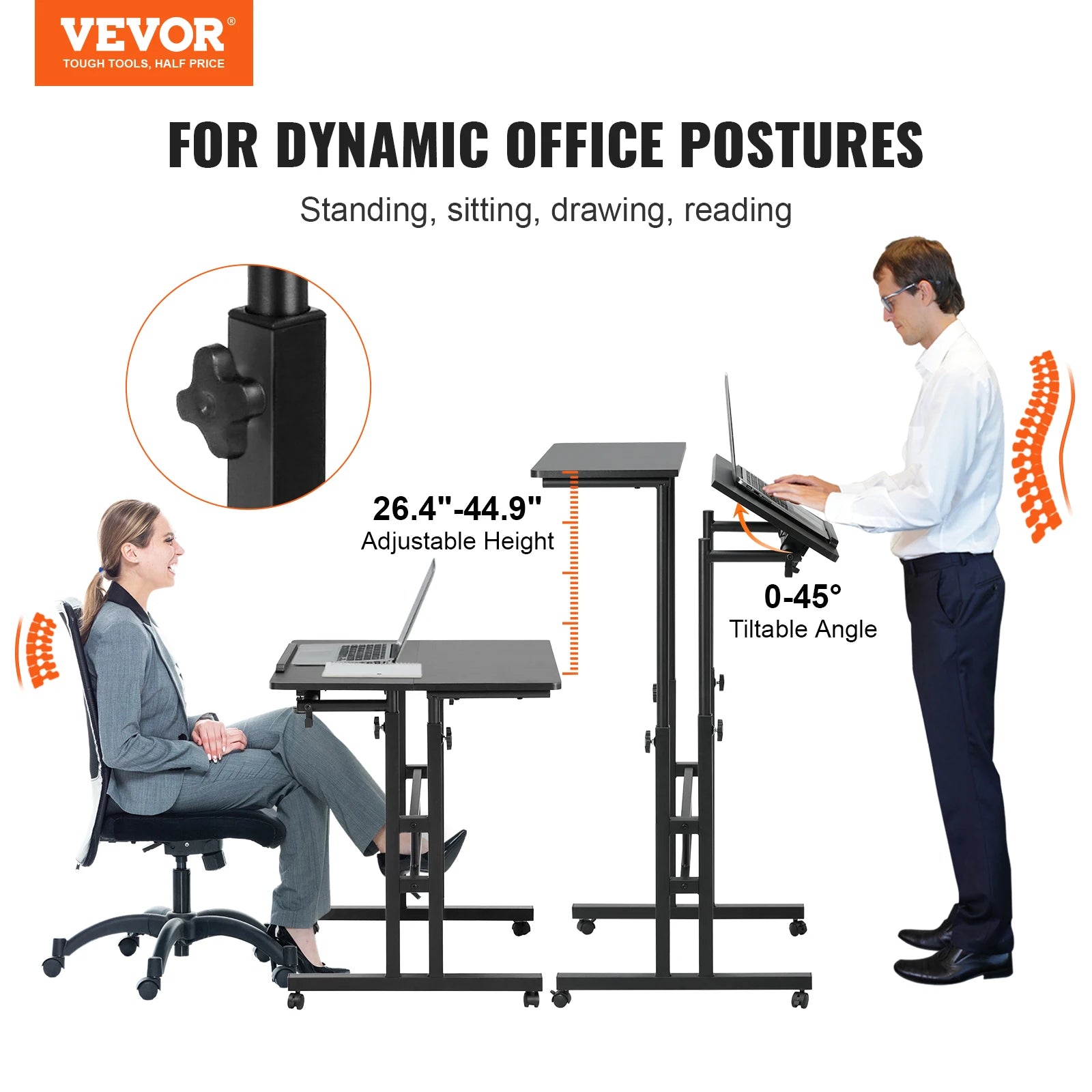 In hoogte verstelbaar zit-sta bureau, gasveermechanisme, 360° draaibare wielen.