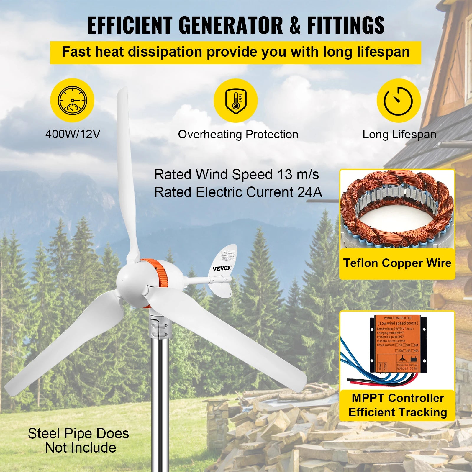 Wind Turbine Generator, 12V/AC, 400W Power Output, Terrace and Marine Use