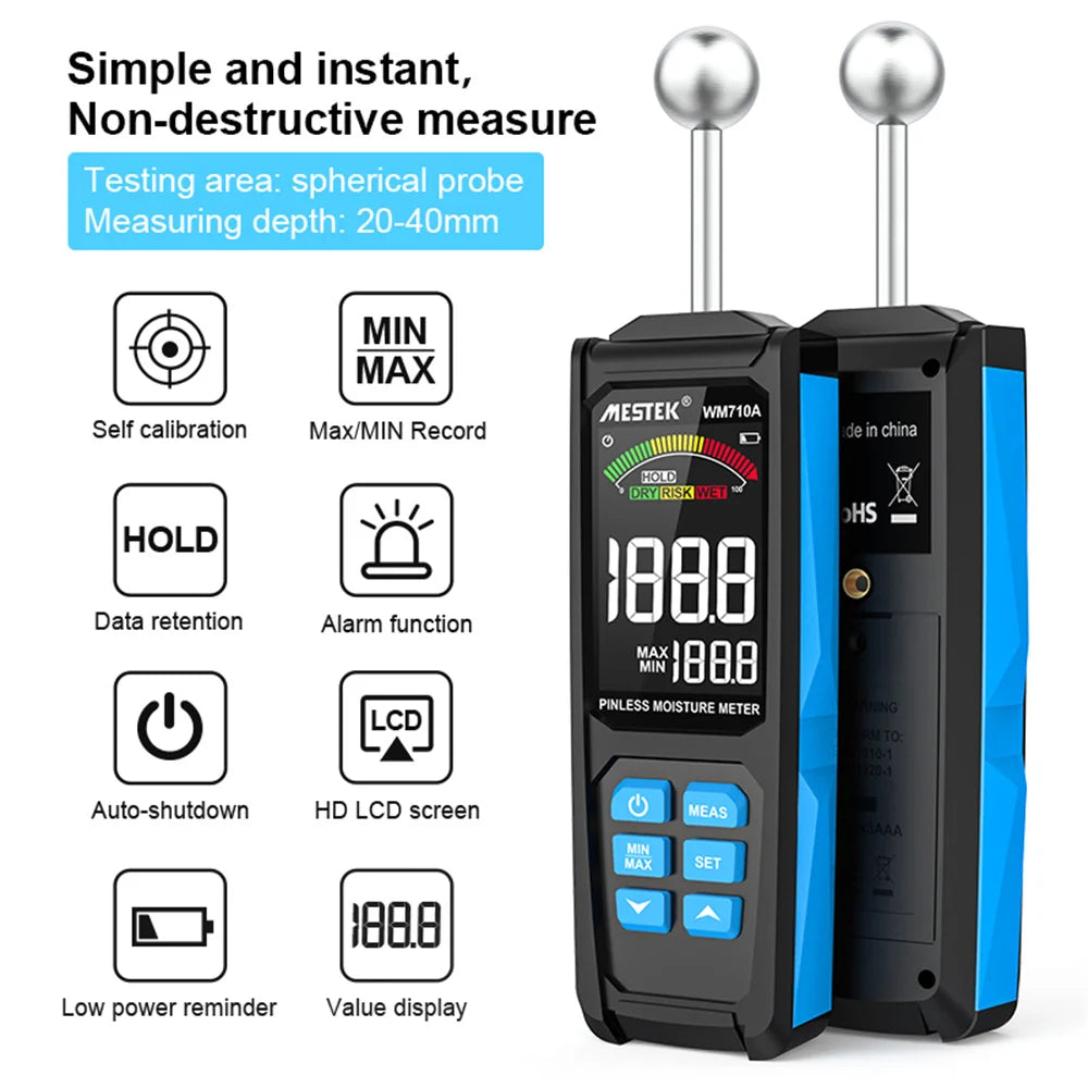 Wood Moisture Meter, Non-destructive Measurement, Auto Detect Wettest Timber