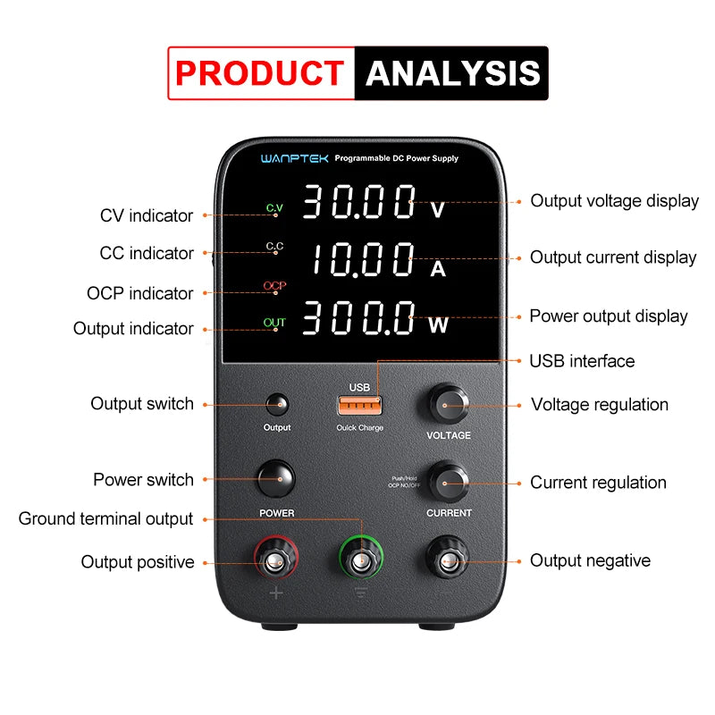 Sursă de alimentare DC programabilă, tensiune de ieșire de 30V, curent de ieșire de 10A.