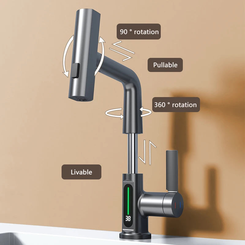 Waterfall Basin Faucet, Pull-Out Design, Digital Temperature Display