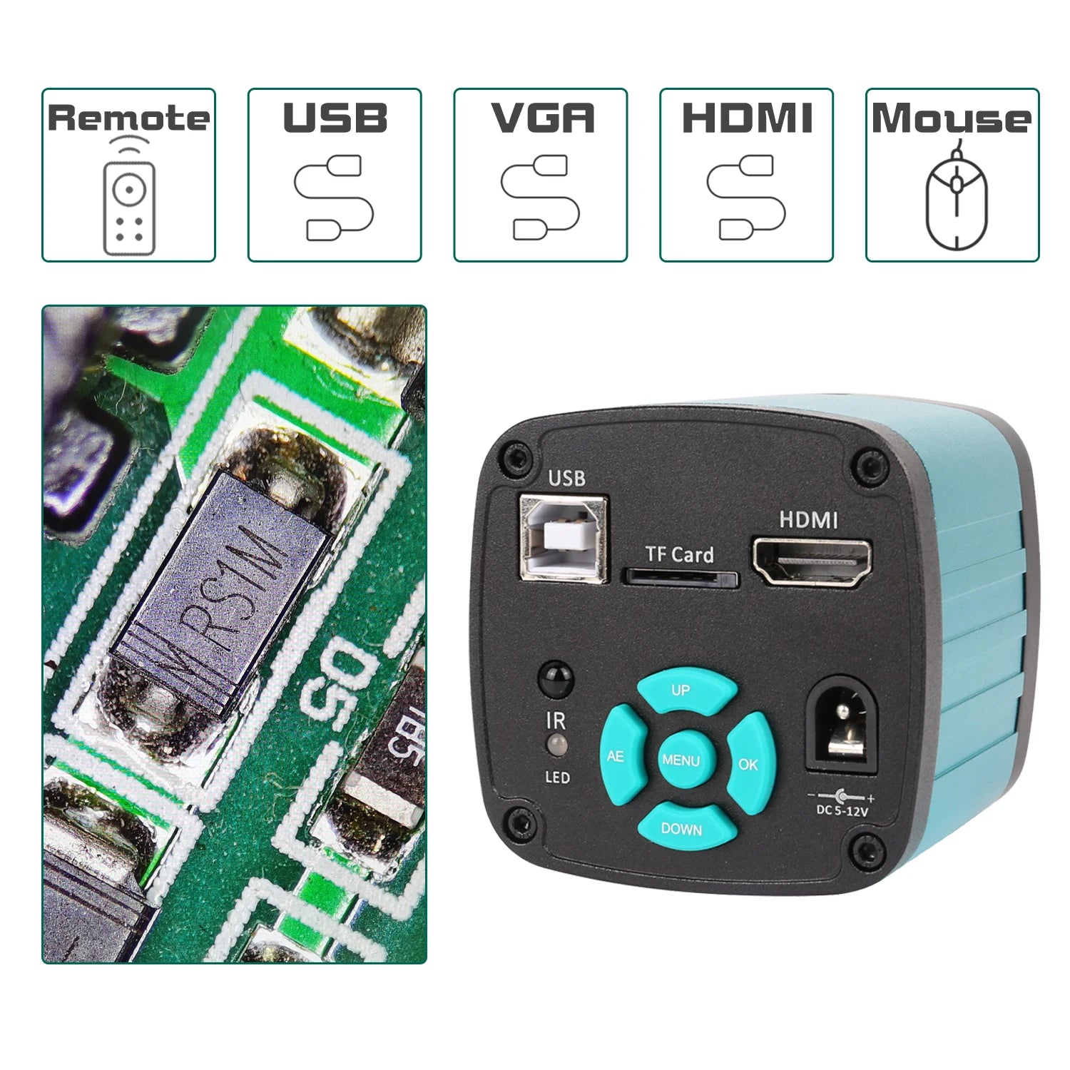 Industriellt mikroskopkamera, HDMI/USB/VGA-anslutning, 1-150X/180X zoomomfång