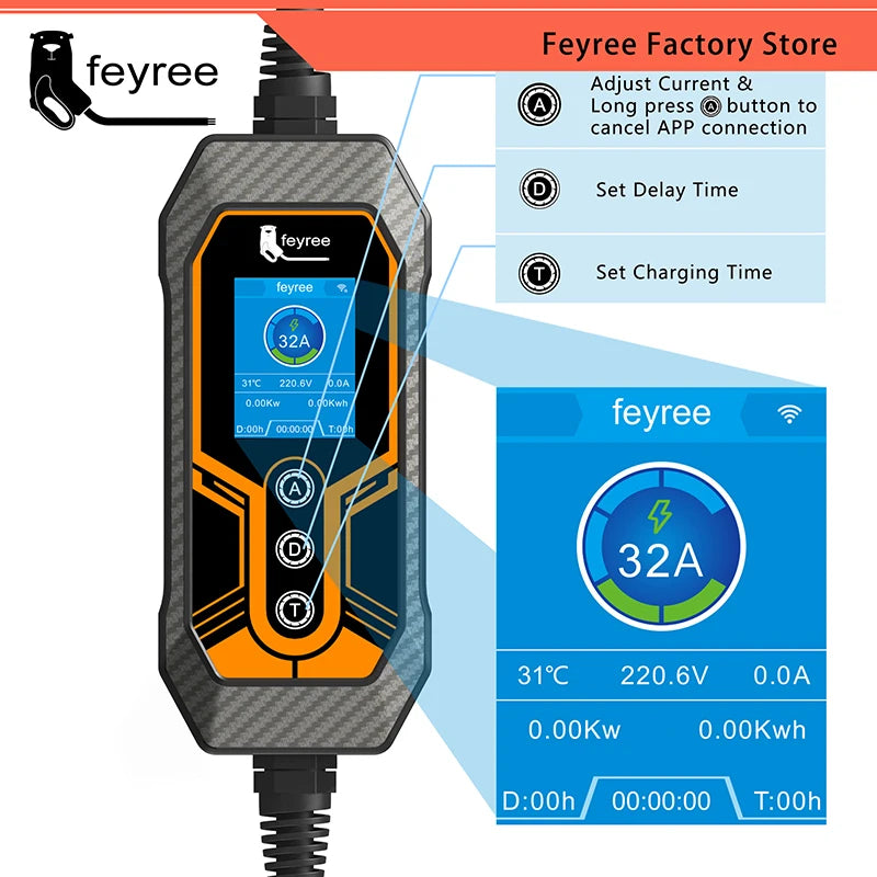 Draagbare EV-lader, Type2 32A, Wi-Fi APP-besturing