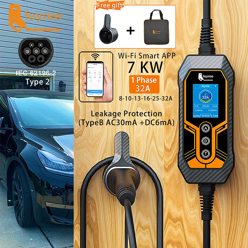 Portable EV Charger, Type2 32A, Wi-Fi APP Control