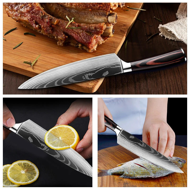 Køkkenknivsæt, Damaskusmønster, Japansk Santoku-kniv