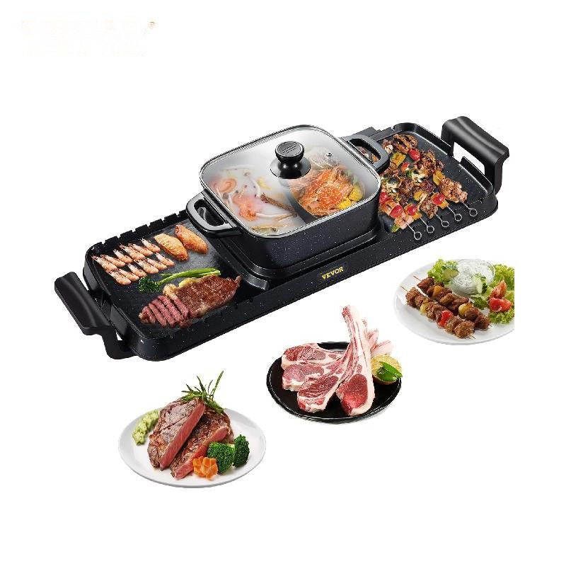 Elektrischer BBQ-Pfannengrill Hot Pot 2400 W – 5 Temperaturregelung, Antihaftbeschichtung, Deckel aus gehärtetem Glas