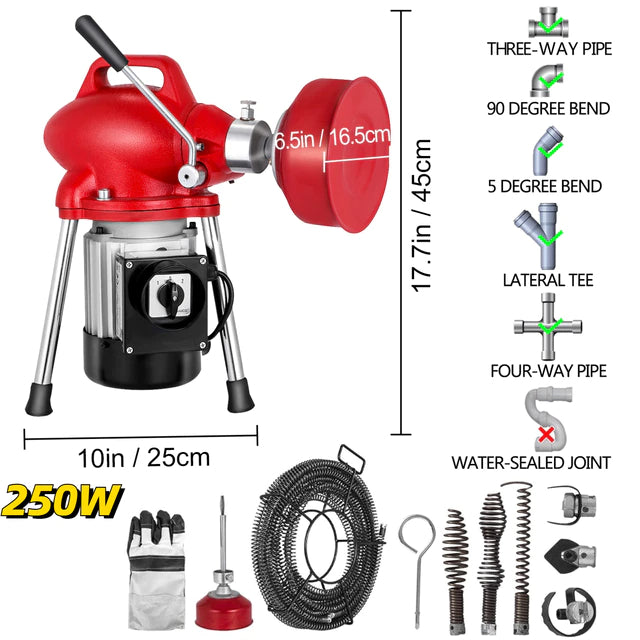 250W Pipe and Drain Cleaning Machine - 20-125MM Toilet Sewer Unblocker Dredging Set