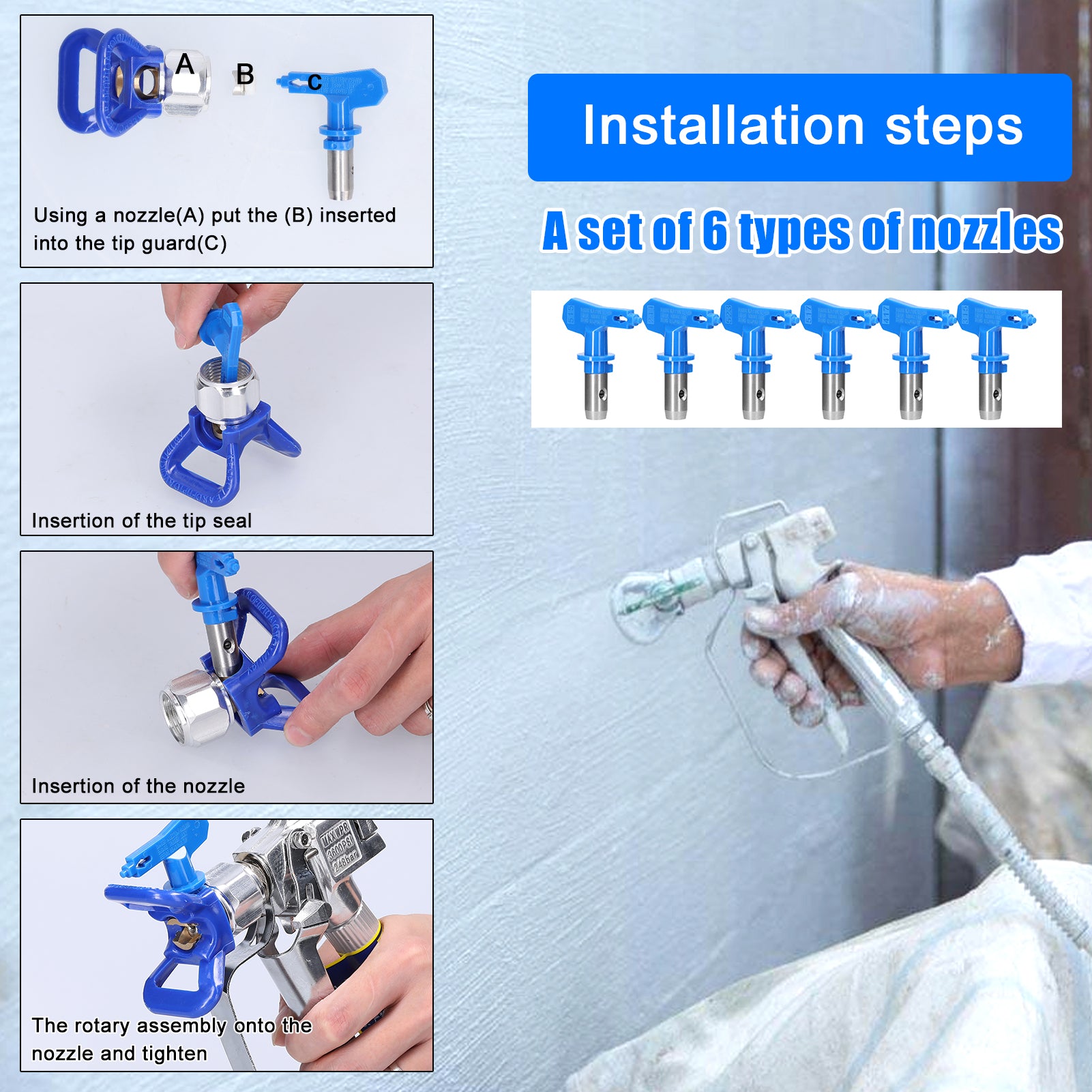 Airless Paint Nozzle Set, Reversible Spraying Tips, Kit
