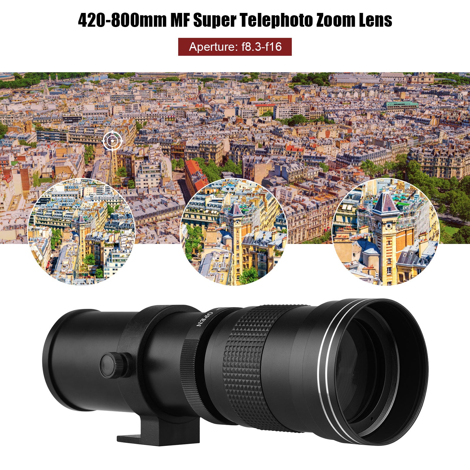 Super Telephoto Zoom Lens, 420-800mm Focal Length, Universal 1/4 Thread