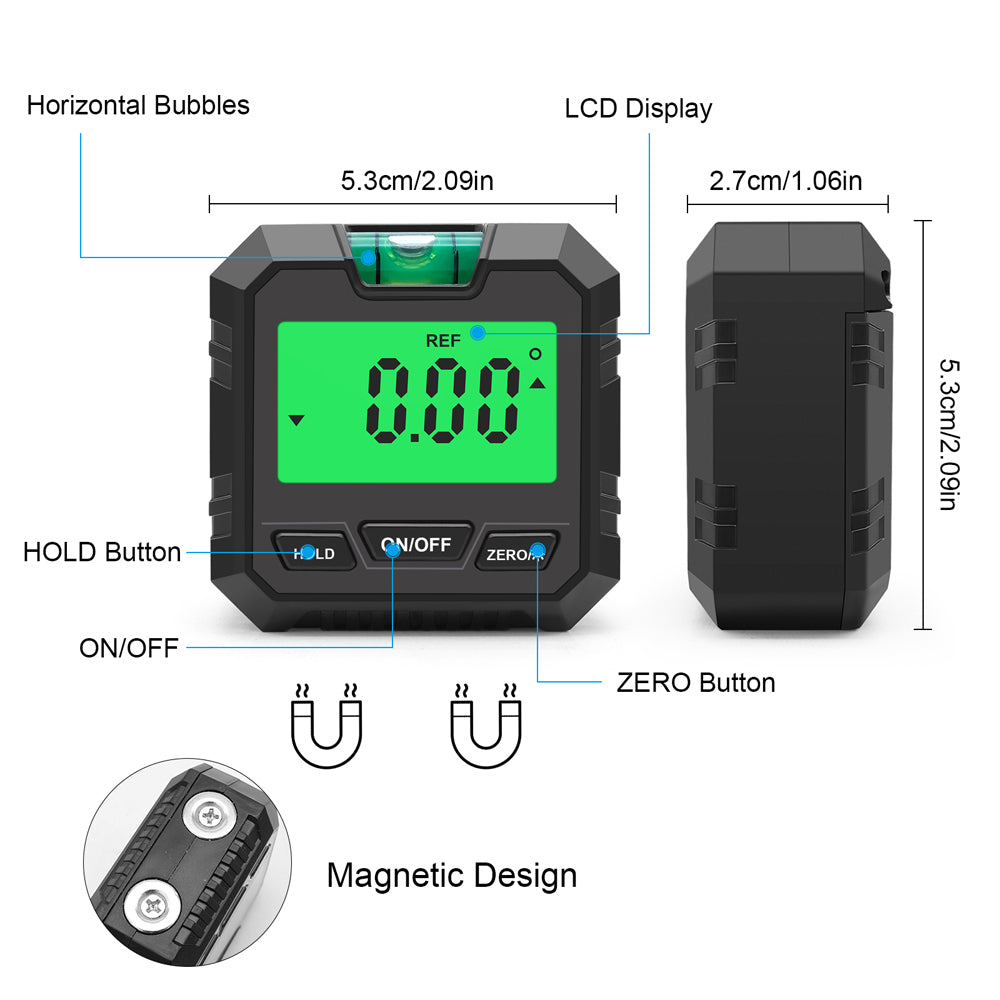 Digitale hoekmeter, magnetische basis, absolute / relatieve meting