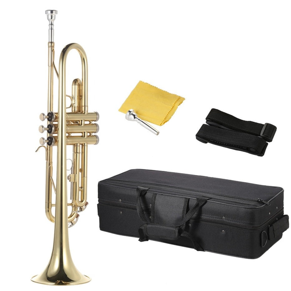 Trompete, Flaches Messing, Goldlackiertes Musikinstrument, inklusive Mundstück - Handschuhe - Gurt - Koffer