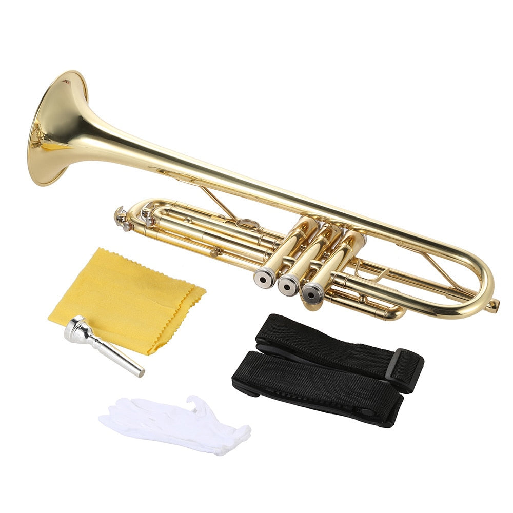 Trumpet, Platt mässing, Guld Målad Musikinstrument, Inkluderar Munstycke - Handskar - Rem - Väska